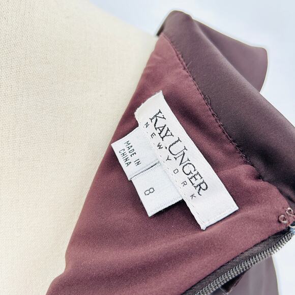 Vintage 90s Kay Unger Chocolate Brown Satin Portrait Collar Cocktail Dress - Picture 5 of 6